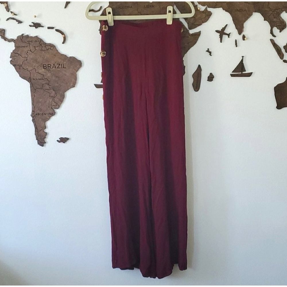 Entro Wide-Leg High-Waist Button Front Pants in Burgundy - Picture 2 of 8